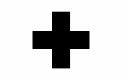 Symbol Krankenhaus Ein schwarzes, gleichschenkliges Kreuz auf weißem Hintergrund.