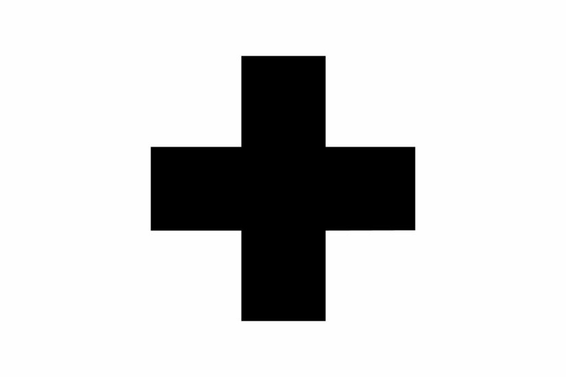 Ein schwarzes, gleichschenkliges Kreuz auf weißem Hintergrund.