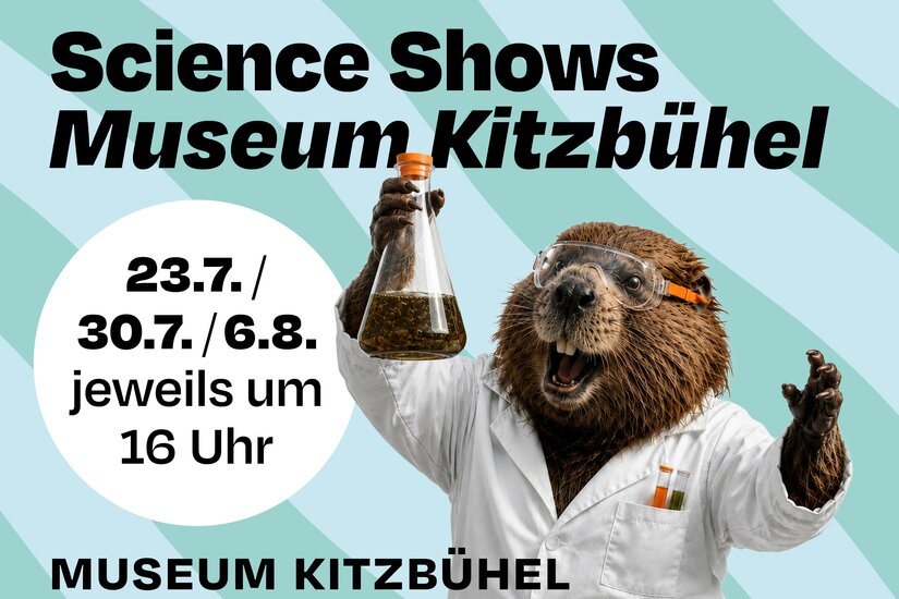 Ein Bär in einem weißen Laborkittel hält ein Reagenzglas. Ankündigung für Wissenschaftsshows im Museum Kitzbühel.