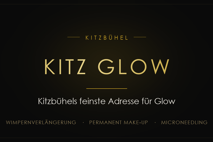 Kitz Glow Kitzbühel Logo von Kitz Glow in Kitzbühel auf schwarzem Hintergrund mit goldener Schrift.