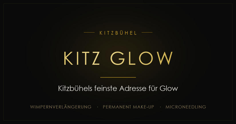 Kitz Glow Kitzbühel Logo von Kitz Glow in Kitzbühel auf schwarzem Hintergrund mit goldener Schrift.