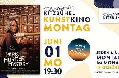 Veranstaltungsplakat für das Kunstkino Kitzbühel mit dem Filmplakat von Paris Murder Mystery.
