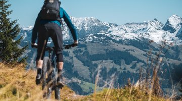 Biker in front of mountain panorama