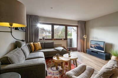 Modernes Wohnzimmer mit grauem Ecksofa, Holztischen, Orientteppich und Fernseher vor einem Fenster mit Bergblick.