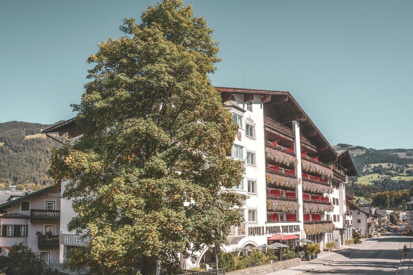Q! Hotel Maria Theresia Mehrstöckiges Hotelgebäude mit Blumenbalkonen neben einem großen Laubbaum vor bewaldeten Bergen.