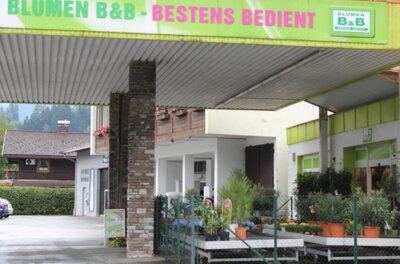 Außenansicht eines Blumengeschäfts mit überdachtem Vorplatz und ausgestellten Pflanzen in Töpfen.