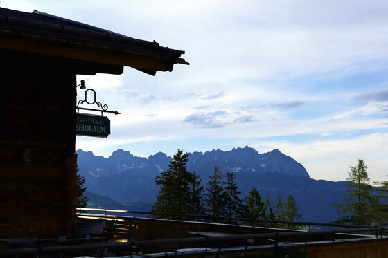 Aussicht von der Seidlalm Blick von der Terrasse eines Holzgebäudes auf eine bewaldete Bergkette unter bewölktem Himmel.