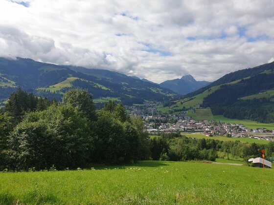 Blick auf Rauher Kopf Blick über eine grüne Wiese auf eine Ortschaft im Tal vor bewaldeten Bergen unter bewölktem Himmel.