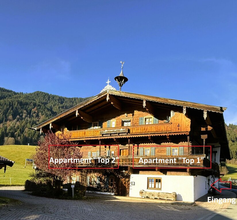 Ein traditionelles Chalet in den Bergen mit zwei Appartements. Die umgebende Natur ist grün und hügelig.