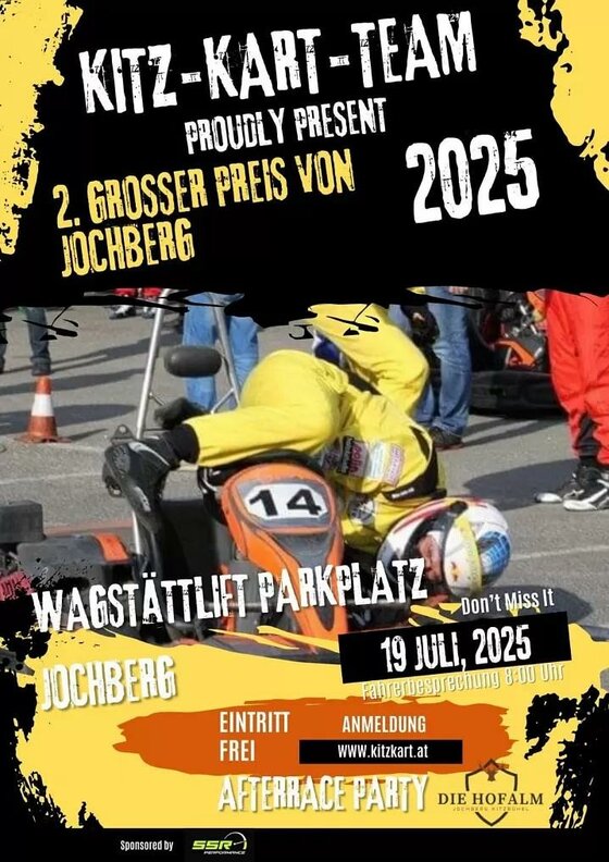 Veranstaltungsplakat für ein Kartrennen mit einem Fahrer in gelbem Rennanzug auf einem Kart.