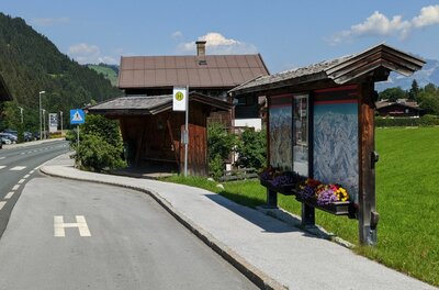 Auwirt Bushaltestelle Bushaltestelle mit Holzunterstand und Informationstafel an einer Straße vor Bergkulisse.
