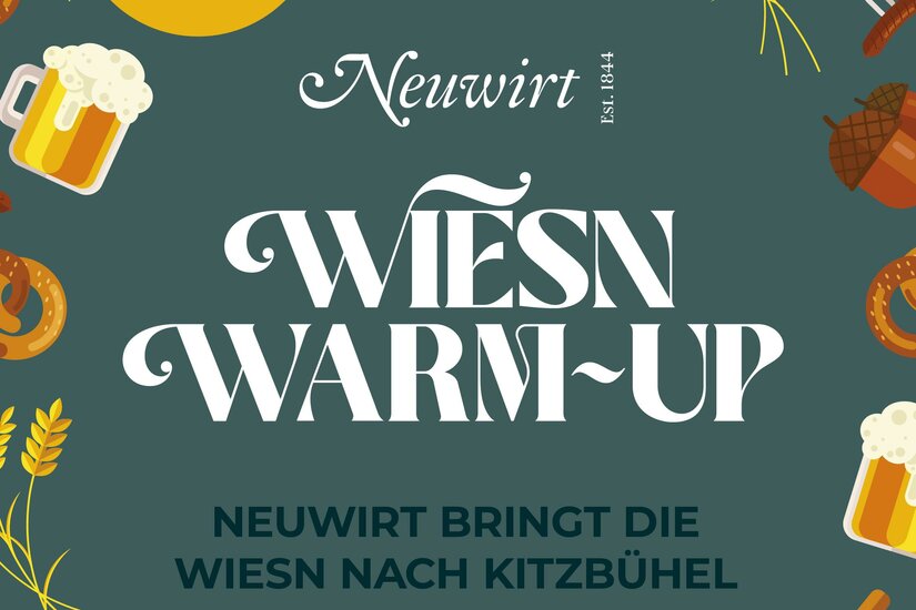 Grafik zum Wiesn Warm-Up mit Illustrationen von Bier, Brezeln und Würsten auf grünem Grund.