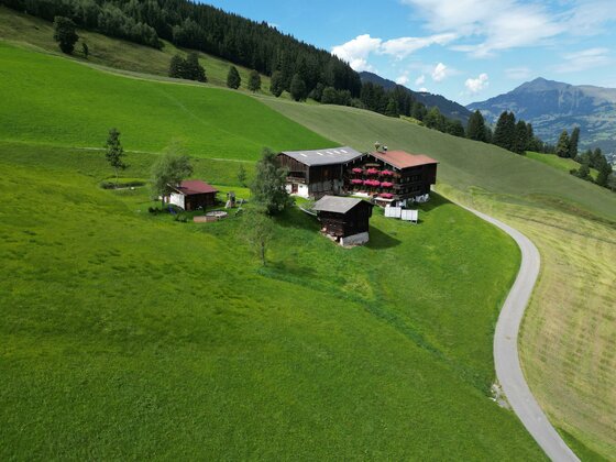 Berghof Thenn Luftaufnahme eines traditionellen Bauernhofs auf einer grünen Bergwiese mit Zufahrtsweg.
