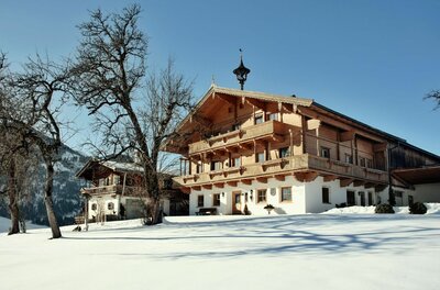 Wachinghof im Winter Alpiner Bauernhof aus Holz und Stein in einer verschneiten Winterlandschaft unter blauem Himmel.