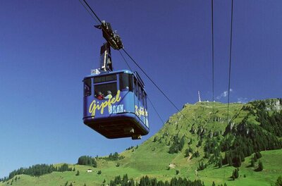 Blaue Gondel der Horngipfelbahn schwebt vor einem grünen Berghang unter blauem Himmel.