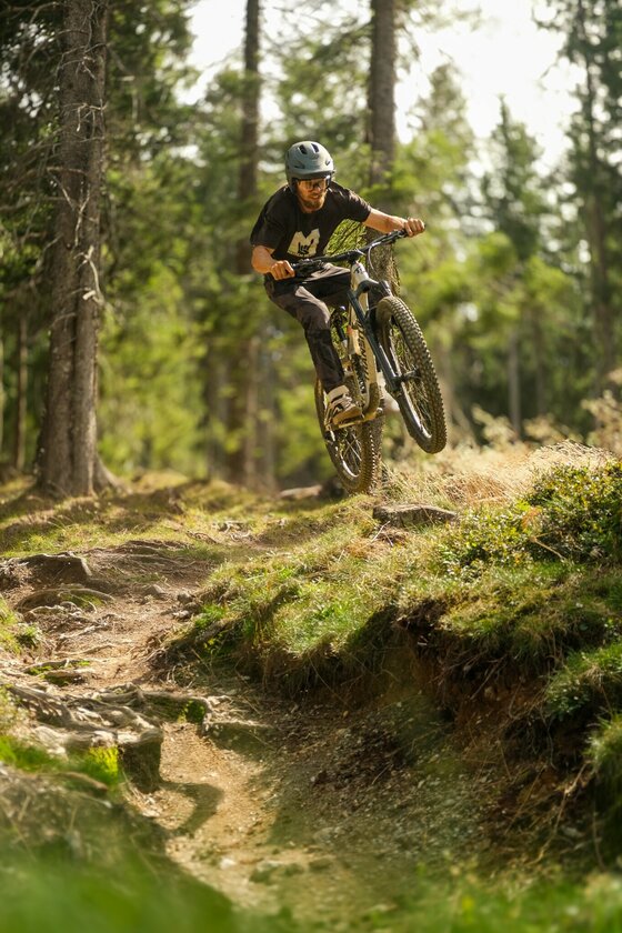 Ein Mountainbiker springt mit seinem Rad über eine Geländekante auf einem bewurzelten Waldpfad.