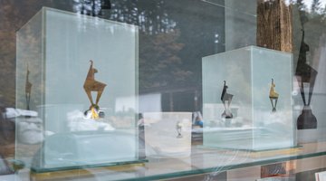 Ausstellungsstücke mit der Gams in einer Glaserei