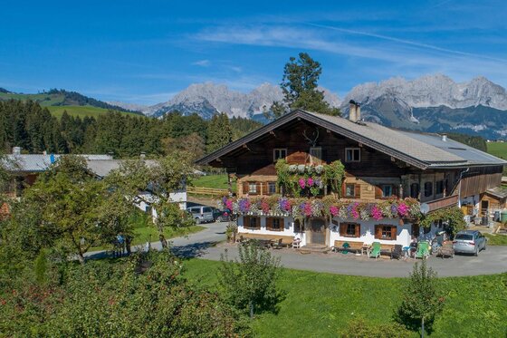 Hörpfinghof mit Bergpanorama Traditioneller Bauernhof aus Holz mit Blumenschmuck vor einer Gebirgskette unter blauem Himmel.