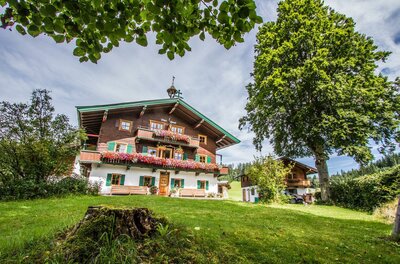 Hof Oberhaus Traditionelles Holzhaus mit Blumenschmuck auf einer Wiese vor Bäumen.