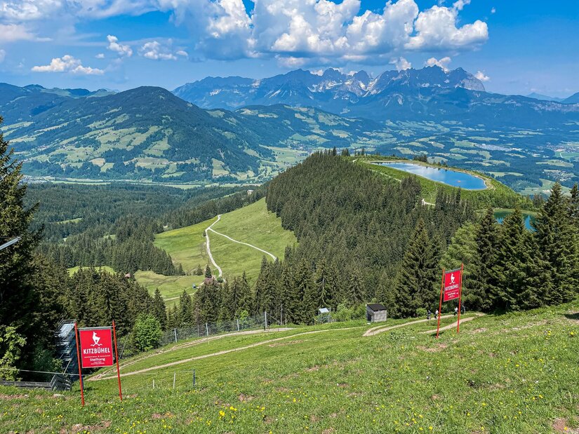 Blick von einem Grashang auf bewaldete Berge, einen Speichersee und ein Gebirgsmassiv im Hintergrund.