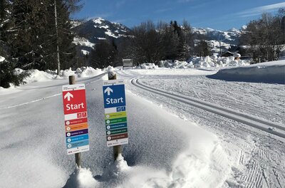 Start der Sportloipe Zwei Startschilder für Langlaufloipen im Schnee vor einer präparierten Spur und Bergen.