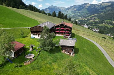 THENN im Sommer Luftaufnahme eines traditionellen Holzbauernhofs mit Blumenschmuck auf einer grünen Bergwiese.