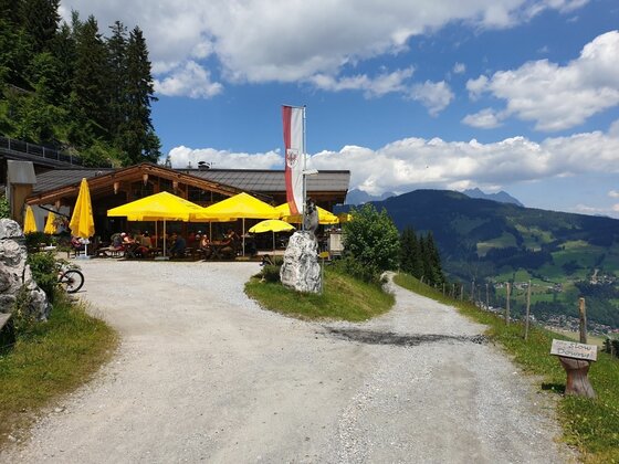 Berghütte am Gaisberg Berghütte mit gelben Sonnenschirmen auf einer Terrasse neben einem Schotterweg vor Gebirgspanorama.