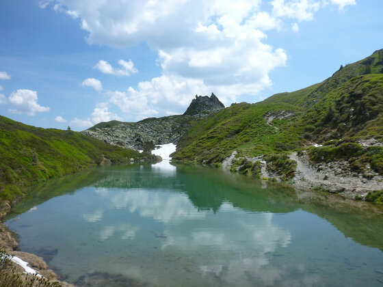 Ein klarer Bergsee umgeben von grünen Hängen und felsigen Gipfeln unter blauem Himmel.