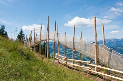 Panoramarunde Holzsteg Holzsteg mit Sicherheitsnetz an einem Grashang vor Gebirgspanorama.