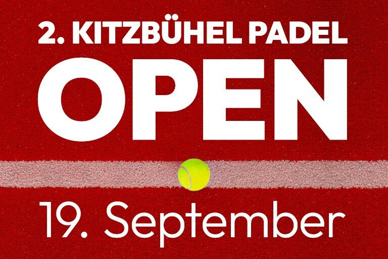 Grafik zum 2. Kitzbühel Padel Open am 19. September auf rotem Untergrund mit gelbem Ball.