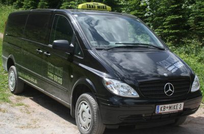 Taxi Zentrale K. Monitzer Schwarzer Mercedes-Benz Kleinbus mit Taxi-Schild auf dem Dach vor Waldhintergrund.