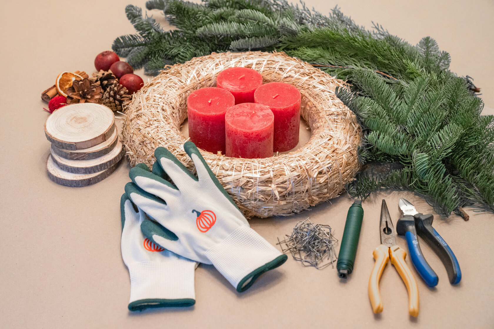 Four candles, brushwood, a wreath of straw, gloves and tools