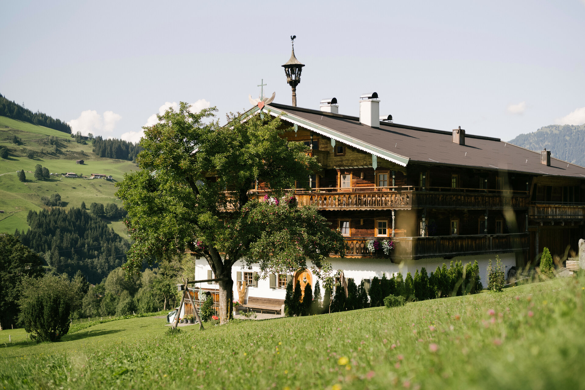 Das rustikale Holzhaus mit Balkonen und bunten Blumen bietet einen malerischen Blick auf die umliegenden Berge und Wiesen.