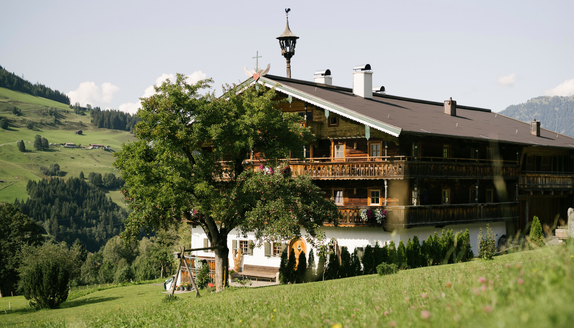 Das rustikale Holzhaus mit Balkonen und bunten Blumen bietet einen malerischen Blick auf die umliegenden Berge und Wiesen.