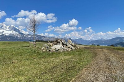Wanderweg bei Rettenberg-Reinache Ein Steinhaufen neben einem Feldweg auf einer Wiese vor schneebedeckten Bergen unter blauem Himmel.
