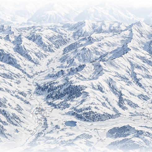 Kitzbühel Ski Resort, visualization: a vast, snow-covered mountain landscape with rugged peaks under a clear blue sky.