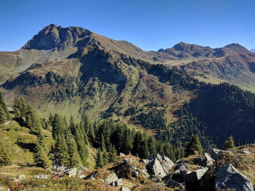 Blick auf den felsigen Gipfel des Geißsteins mit bewaldeten Hängen unter blauem Himmel.