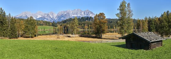 Schwarzsee mit Wilder Kaiser Blick über eine grüne Wiese und einen See auf das Gebirgsmassiv des Wilden Kaisers unter blauem Himmel.