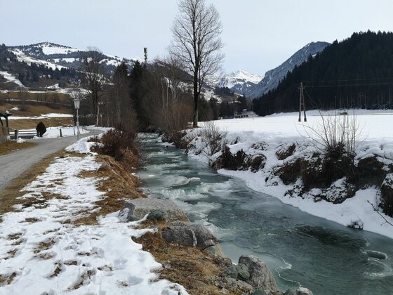 Winterlicher Bachlauf bei Buchau Ein teilweise zugefrorener Bachlauf in einer verschneiten Gebirgslandschaft mit angrenzendem Wanderweg.