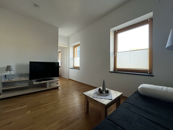 Ein helles, modernes Wohnzimmer mit Holzboden und großen Fenstern. Es gibt ein Sofa, einen Couchtisch und einen Fernseher.