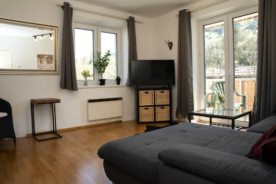 Ein gemütlicher Wohnraum mit grauem Sofa und Fernseher. Große Fenster bringen viel Tageslicht herein und bieten einen Blick nach draußen.