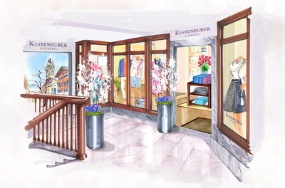 Kastenhuber Kitzbühel Illustration eines Modegeschäfts mit Schaufenstern, Treppenaufgang und Blumendekoration.