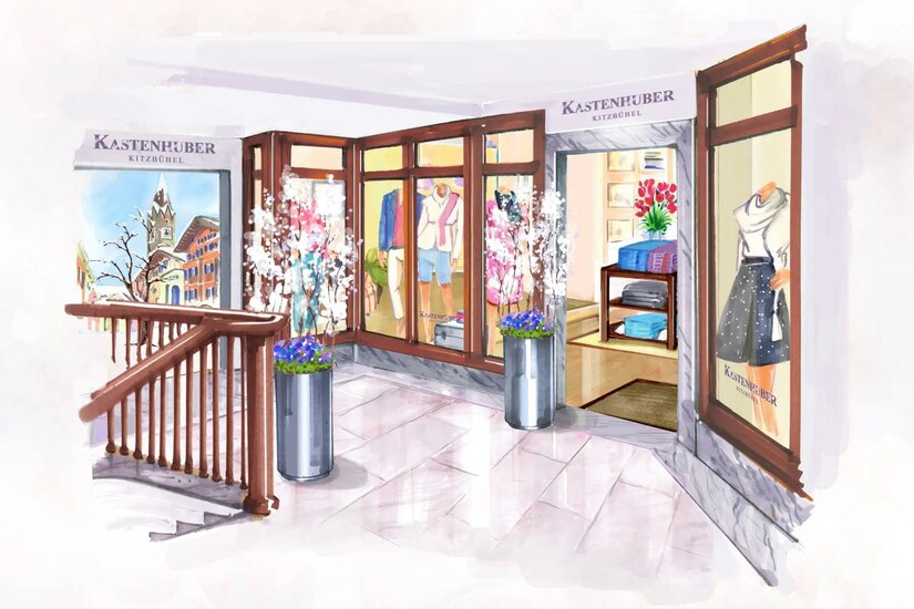 Illustration eines Modegeschäfts mit Schaufenstern, Treppenaufgang und Blumendekoration.