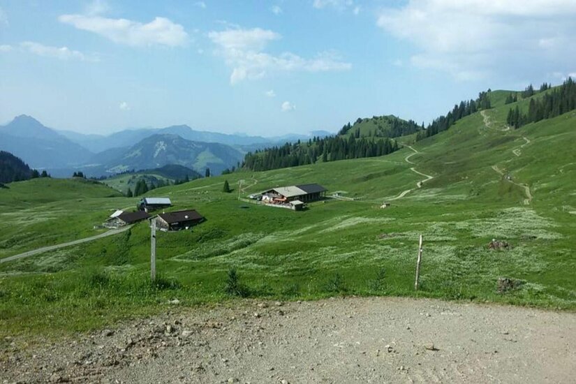 Blick auf die Lämmerbichlalm mit mehreren Almgebäuden auf grünen Bergwiesen und Wanderwegen.