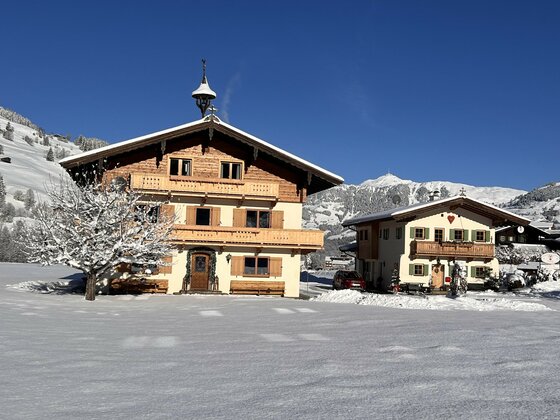 Haidacherhof Winter 2 Zwei traditionelle alpine Hütten im Schnee unter klarem blauen Himmel. Die Landschaft ist winterlich und ruhig.