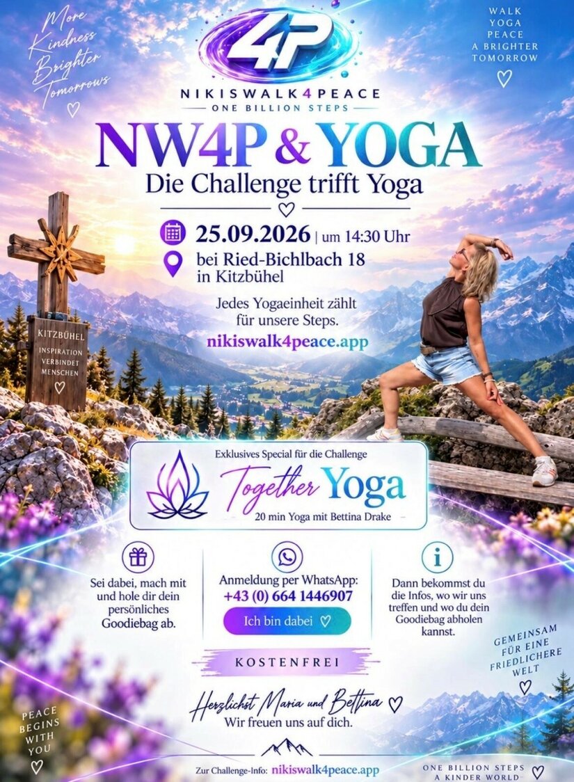 Veranstaltungsplakat für Yoga in Kitzbühel mit einer Frau vor Bergpanorama und einem Gipfelkreuz.