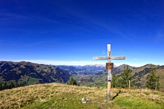 Gipfelkreuz am Tristkogel Holzernes Gipfelkreuz auf einer grasbewachsenen Bergkuppe vor weitem Talpanorama und blauem Himmel.
