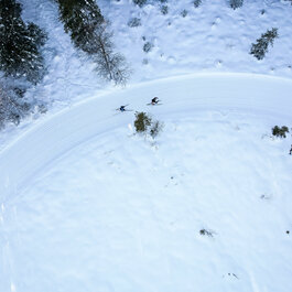 In this cross-country skiing scene in Kitzbühel, two skiers glide along a winding trail through a snow-covered landscape dotted with trees.