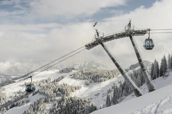Brandstadlbahn Winter Eine Gondelbahn in den verschneiten Bergen. Die Landschaft ist von schneebedeckten Bäumen und einem bewölkten Himmel geprägt.