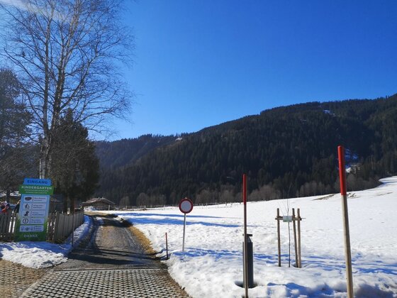 Gepflasterter Weg führt an einer verschneiten Wiese vorbei in Richtung bewaldeter Berge unter blauem Himmel.